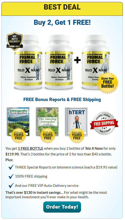 Telo X Nano 3 bottle package deal with 20 percent savings and anti-aging telomere support supplement